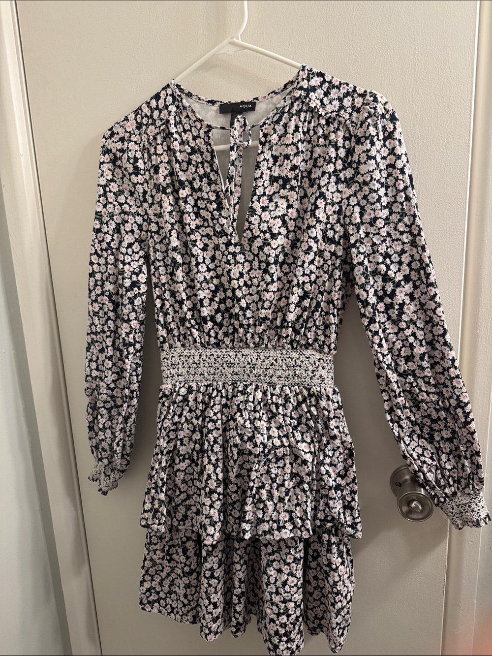 Aqua Black Dress with Pink Floral Print and Smocked Waist